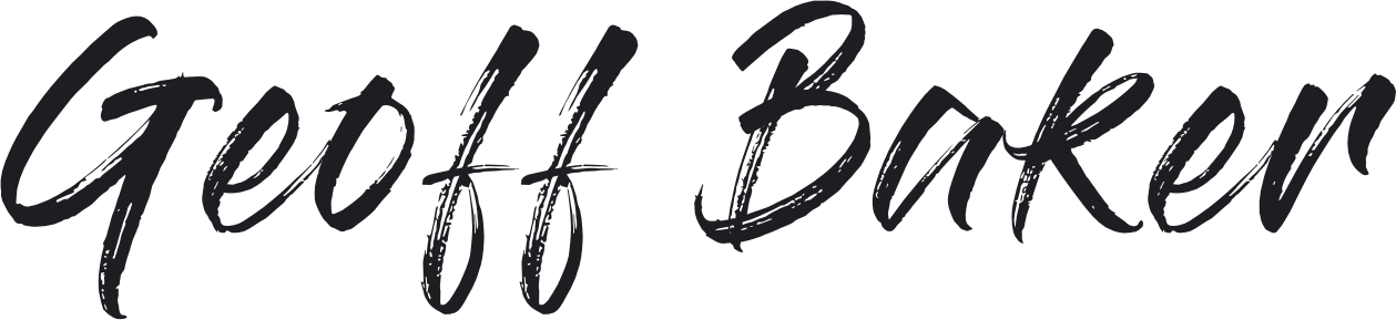 The image shows the handwritten-style text Geoff Baker in bold, black script font on a transparent background.