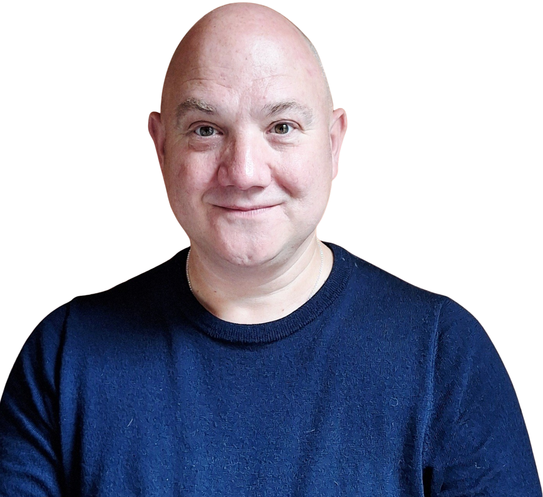 A bald man in a blue shirt.